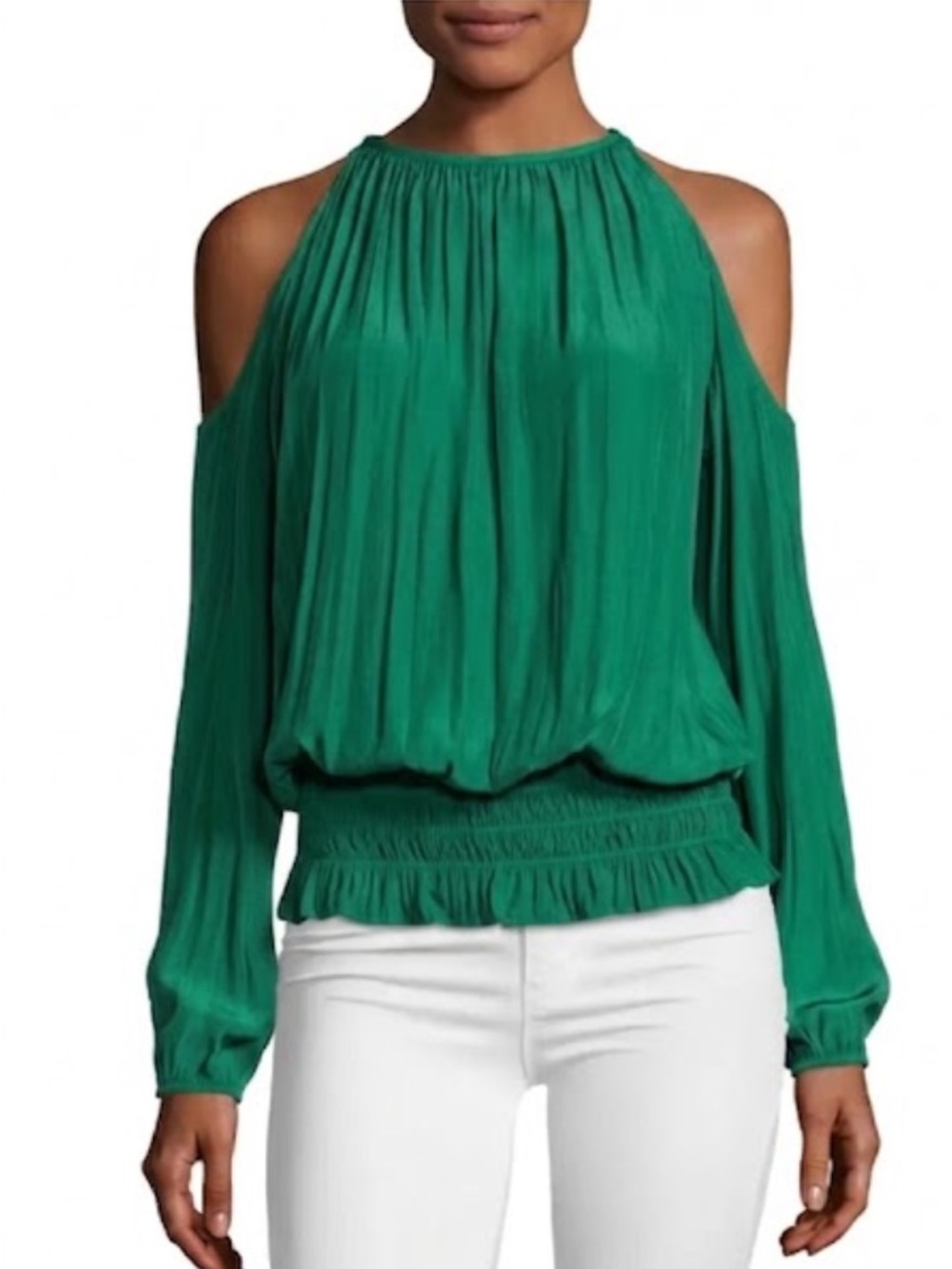 Ramy Brook Lauren Cold Shoulder Smocked Blouse Emerald Green Long Sleeve L Large